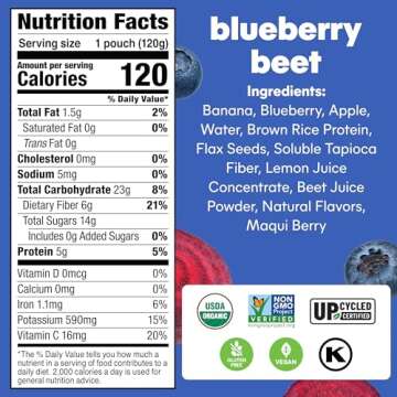 Noka Superfood Fruit Smoothie Pouches, Blueberry Beet, Healthy Snacks with Flax Seed, Prebiotic Fibe...