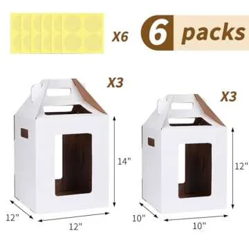 Moretoes 6pcs Cake Boxes, 2 Sizes 10x10x12 & 12x12x14 Tall Cake Boxes, Large Tiered Cake Carrier, Di...
