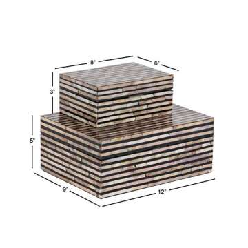 Deco 79 Mother of Pearl Shell Handmade Decorative Box Decorative Keepsake Boxes with Linear Mosaic Pattern and Hinged Lid, Set of 2 Storage Boxes 12", 8"W, Black