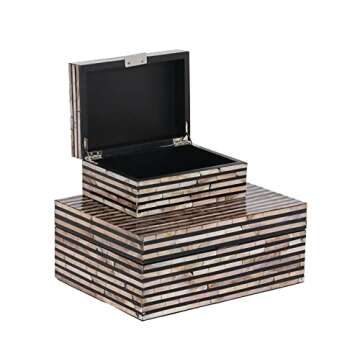 Deco 79 Mother of Pearl Shell Handmade Decorative Box Decorative Keepsake Boxes with Linear Mosaic Pattern and Hinged Lid, Set of 2 Storage Boxes 12", 8"W, Black