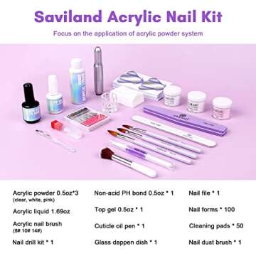 SAVILAND Acrylic Nail Kit with Nail Drill: Professional 0.5Oz Clear/White/Pink Acrylic Powder and Li...