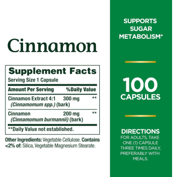 Nature's Bounty Cinnamon Capsules, Herbal Supplement, Supports Sugar Metabolism, 1500mg, 100 Capsules