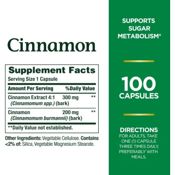 Nature's Bounty Cinnamon Capsules, Herbal Supplement, Supports Sugar Metabolism, 1500mg, 100 Capsules