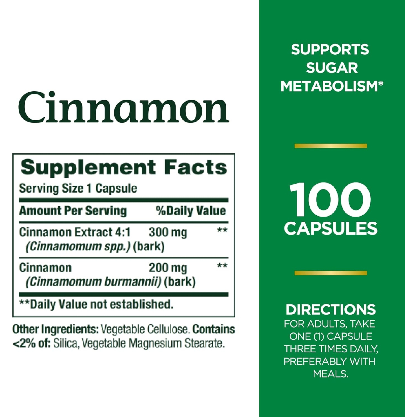 Nature's Bounty Cinnamon Capsules, Herbal Supplement, Supports Sugar Metabolism, 1500mg, 100 Capsules