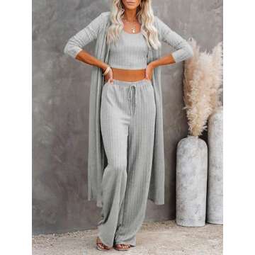 Fessceruna Womens 3 Piece Lounge Sets Pajamas Knit Long Sleeve Cardigan Crop Top Wide Leg Pants Loungewear Set