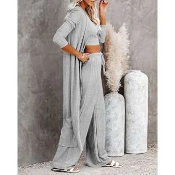 Fessceruna Womens 3 Piece Lounge Sets Pajamas Knit Long Sleeve Cardigan Crop Top Wide Leg Pants Loungewear Set