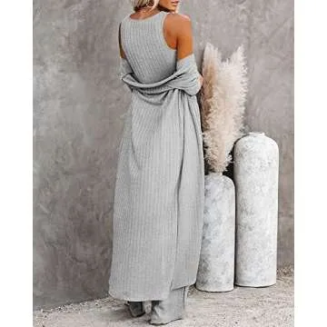 Fessceruna Womens 3 Piece Lounge Sets Pajamas Knit Long Sleeve Cardigan Crop Top Wide Leg Pants Loungewear Set