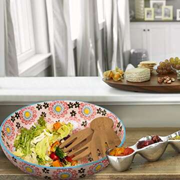 Large Stoneware Salad Serving Bowl, 78oz/11inch Embossed Multicolor Mexican Floral Design, with 2 Bamboo Salad Hands