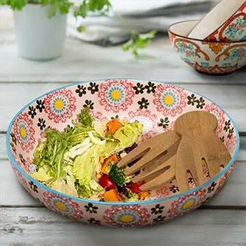 Large Stoneware Salad Serving Bowl, 78oz/11inch Embossed Multicolor Mexican Floral Design, with 2 Bamboo Salad Hands
