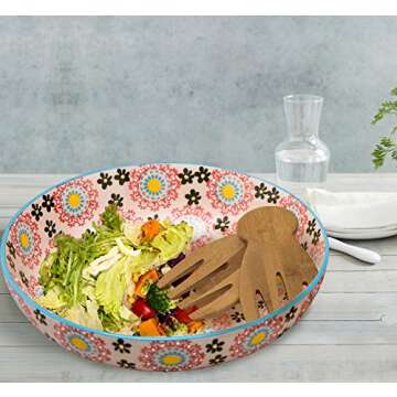 Large Stoneware Salad Serving Bowl, 78oz/11inch Embossed Multicolor Mexican Floral Design, with 2 Bamboo Salad Hands