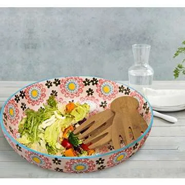 Large Stoneware Salad Serving Bowl, 78oz/11inch Embossed Multicolor Mexican Floral Design, with 2 Bamboo Salad Hands
