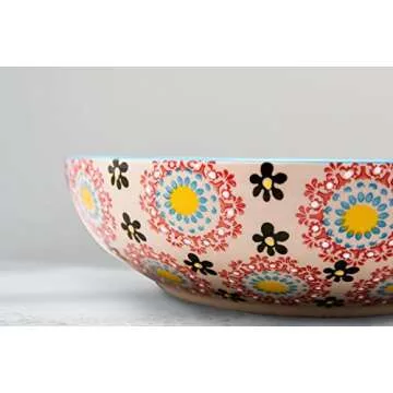 Large Stoneware Salad Serving Bowl, 78oz/11inch Embossed Multicolor Mexican Floral Design, with 2 Bamboo Salad Hands
