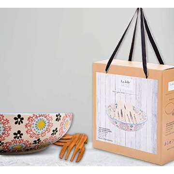 Large Stoneware Salad Serving Bowl, 78oz/11inch Embossed Multicolor Mexican Floral Design, with 2 Bamboo Salad Hands