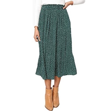 Exlura Women's High Waist Polka Dot Pleated Midi Skirt with Pockets - Green X-Large