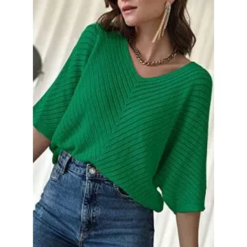 Dokotoo Womens Plus Size 3/4 Sleeve V Neck Loose Pullover Knit Sweaters for Women Fall Tunic Tops Jumper Knitted Casual Top Lightweight Summer Sweater 2025 Trendy Green XX-Large