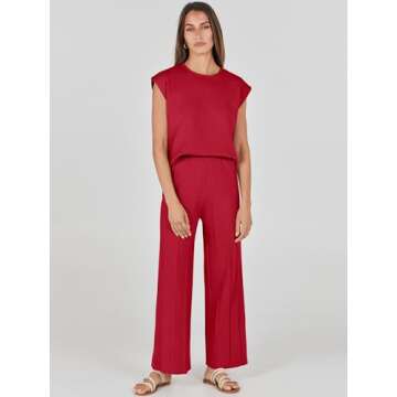 ANRABESS Women 2 Piece Outfits Casual Summer Sleeveless Tops Knit Pants Sweater Lounge Matching Sets 2025 Trendy Clothes Red Small