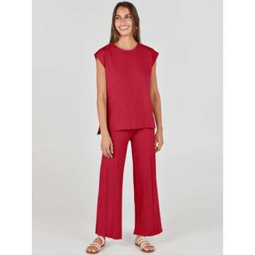 ANRABESS Women 2 Piece Outfits Casual Summer Sleeveless Tops Knit Pants Sweater Lounge Matching Sets 2025 Trendy Clothes Red Small