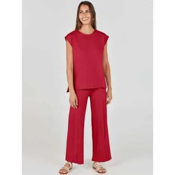 ANRABESS Women 2 Piece Outfits Casual Summer Sleeveless Tops Knit Pants Sweater Lounge Matching Sets 2025 Trendy Clothes Red Small