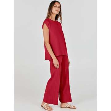 ANRABESS Women 2 Piece Outfits Casual Summer Sleeveless Tops Knit Pants Sweater Lounge Matching Sets 2025 Trendy Clothes Red Small