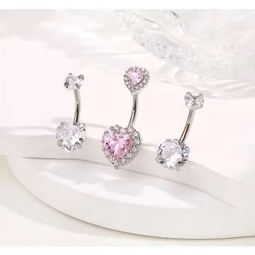Gemtastic Cute Pink Heart Surgical Steel Belly Button Rings Belly Piercing Jewelry Belly Rings for Women Navel Piercing Jewelry