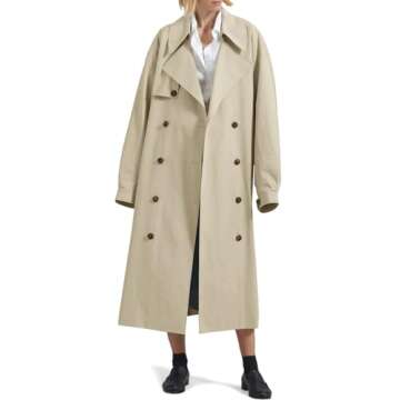 Tankaneo Womens Double Breasted Long Trench Coat Oversized Classic Lapel Belted Overcoat