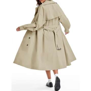 Tankaneo Womens Double Breasted Long Trench Coat Oversized Classic Lapel Belted Overcoat