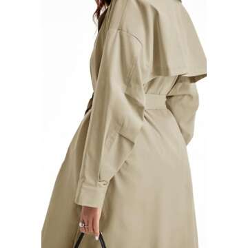 Tankaneo Womens Double Breasted Long Trench Coat Oversized Classic Lapel Belted Overcoat