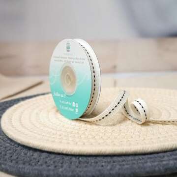 Ivory Cotton Black Stitched Ribbon 3/8" for Crafts