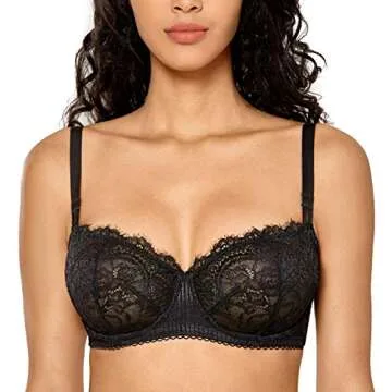 DOBREVA Women's Sexy Lace Push Up Plus Size Bra Sheer Balconette Underwire Unlined Black_Eyelash lace 42DD