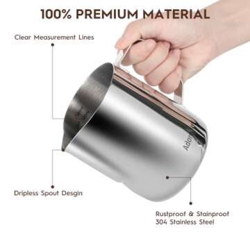 Milk Frothing Pitcher, 20oz Steaming Pitcher Stainless Steel Espresso Machine Accessories for Coffee Bar, Cappuccino Barista Tools Milk Jug Steamer Frother Cup with Decorating Latte Art Pen