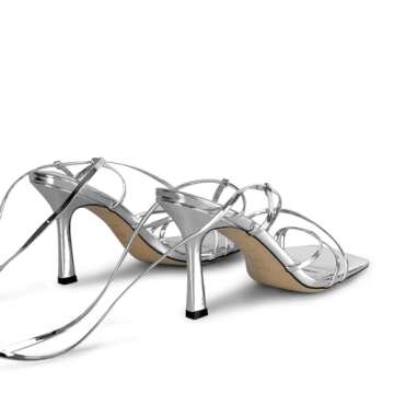 ISNOM Silver Strappy Heels for Women Lace up Heels Silver Heels for Women Tie up Heels Square Toe Heels Stripper Heels Women's Heeled Sandals Gladiator Heels for Women Wrap up Heels Stiletto Heels