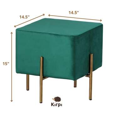 Kirpi Ottoman Velvet Stool Set of 2, Modern Emerald Green Vanity Stool Square, Contemporary Foot Stool Ottoman, Upholstered Foot Rest Ottoman Cube with Gold Metal Legs (Green)