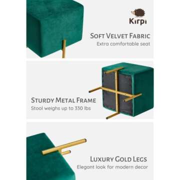 Kirpi Ottoman Velvet Stool Set of 2, Modern Emerald Green Vanity Stool Square, Contemporary Foot Stool Ottoman, Upholstered Foot Rest Ottoman Cube with Gold Metal Legs (Green)