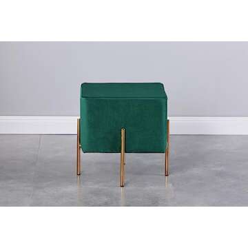 Kirpi Ottoman Velvet Stool Set of 2, Modern Emerald Green Vanity Stool Square, Contemporary Foot Stool Ottoman, Upholstered Foot Rest Ottoman Cube with Gold Metal Legs (Green)
