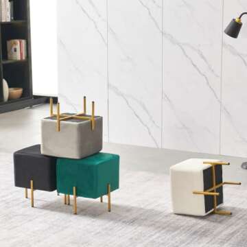 Kirpi Ottoman Velvet Stool Set of 2, Modern Emerald Green Vanity Stool Square, Contemporary Foot Stool Ottoman, Upholstered Foot Rest Ottoman Cube with Gold Metal Legs (Green)