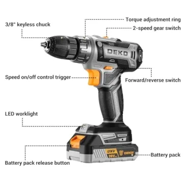 20V DEKO PRO Cordless Drill Set with Battery