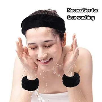 mifengda 3pcs Women's Microfiber Headbands & Wrist Washbands for Spa, Facial, Face Washing, Shower, Makeup, and Bath (Black)