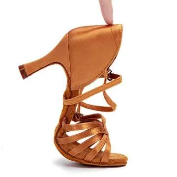 RoseMoli Women's Latin Dance Shoes Satin Professional Ballroom Salsa Practice Performance Dance Shoes Tan-2.8