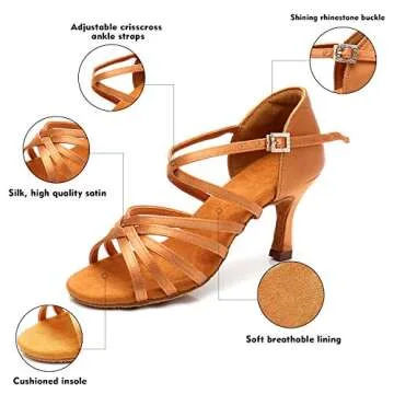 RoseMoli Women's Latin Dance Shoes Satin Professional Ballroom Salsa Practice Performance Dance Shoes Tan-2.8