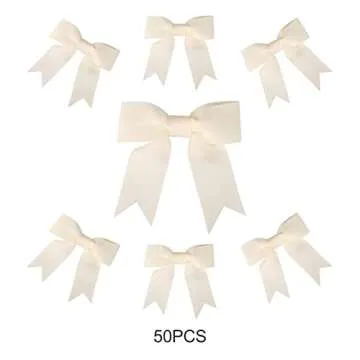 Meseey 50 Pcs 3 Inches Antique White Grosgrain Ribbon Twist Tie Bows Pretied Bows Premade Craft Bows for Treat Bags Gift Wrapping Basket Wedding Baby Shower Brithday Valentine's Day Christmas Party