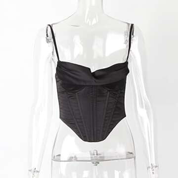 Meladyan Women Sexy Satin Spaghetti Strap Corset Crop Top Cowl Neck Boned Backless Bustier Clubwear Party Crop Cami Tops Black