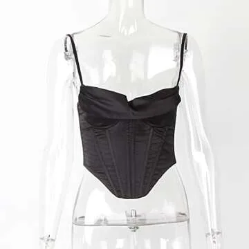 Meladyan Women Sexy Satin Spaghetti Strap Corset Crop Top Cowl Neck Boned Backless Bustier Clubwear Party Crop Cami Tops Black