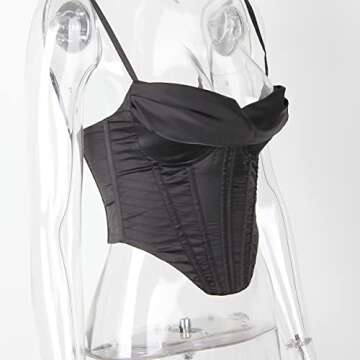 Meladyan Women Sexy Satin Spaghetti Strap Corset Crop Top Cowl Neck Boned Backless Bustier Clubwear Party Crop Cami Tops Black