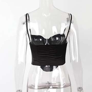 Meladyan Women Sexy Satin Spaghetti Strap Corset Crop Top Cowl Neck Boned Backless Bustier Clubwear Party Crop Cami Tops Black
