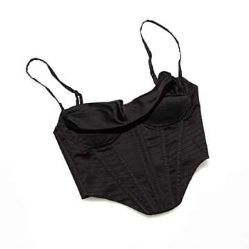 Meladyan Women Sexy Satin Spaghetti Strap Corset Crop Top Cowl Neck Boned Backless Bustier Clubwear Party Crop Cami Tops Black