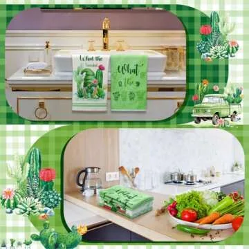 VitalCozy 6 Pcs Spring Lavender Kitchen Towel Set Funny Housewife Farmhouse Rustic Bath Hand Towel for Spring Holiday Bathroom Gift, 24 x 16 Inches(Green,Cactus)