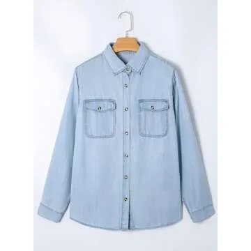 Astylish Ladies Button Down Shirt Elegant Long Sleeve V Neck Jean Jacket for Women Fashion Denim Tops Beau Blue Large