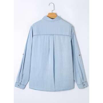 Astylish Ladies Button Down Shirt Elegant Long Sleeve V Neck Jean Jacket for Women Fashion Denim Tops Beau Blue Large