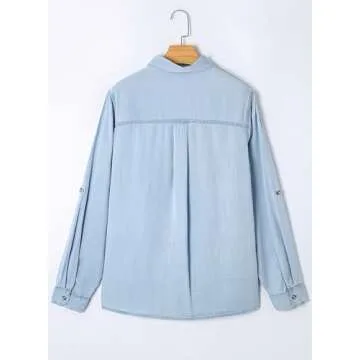 Astylish Ladies Button Down Shirt Elegant Long Sleeve V Neck Jean Jacket for Women Fashion Denim Tops Beau Blue Large