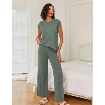 Ekouaer Lounge Sets for Women Two Piece Outfits Knit Cap Sleeve Tops Wide Leg Pleated Pants Casual Dressy Sweater Sets Gray Green